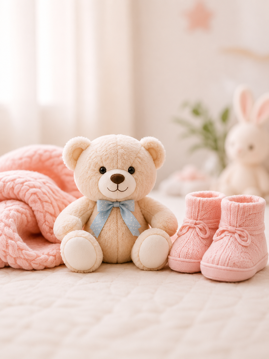 Teddy bear plushie with pink baby socks and bunny on a knit blanket