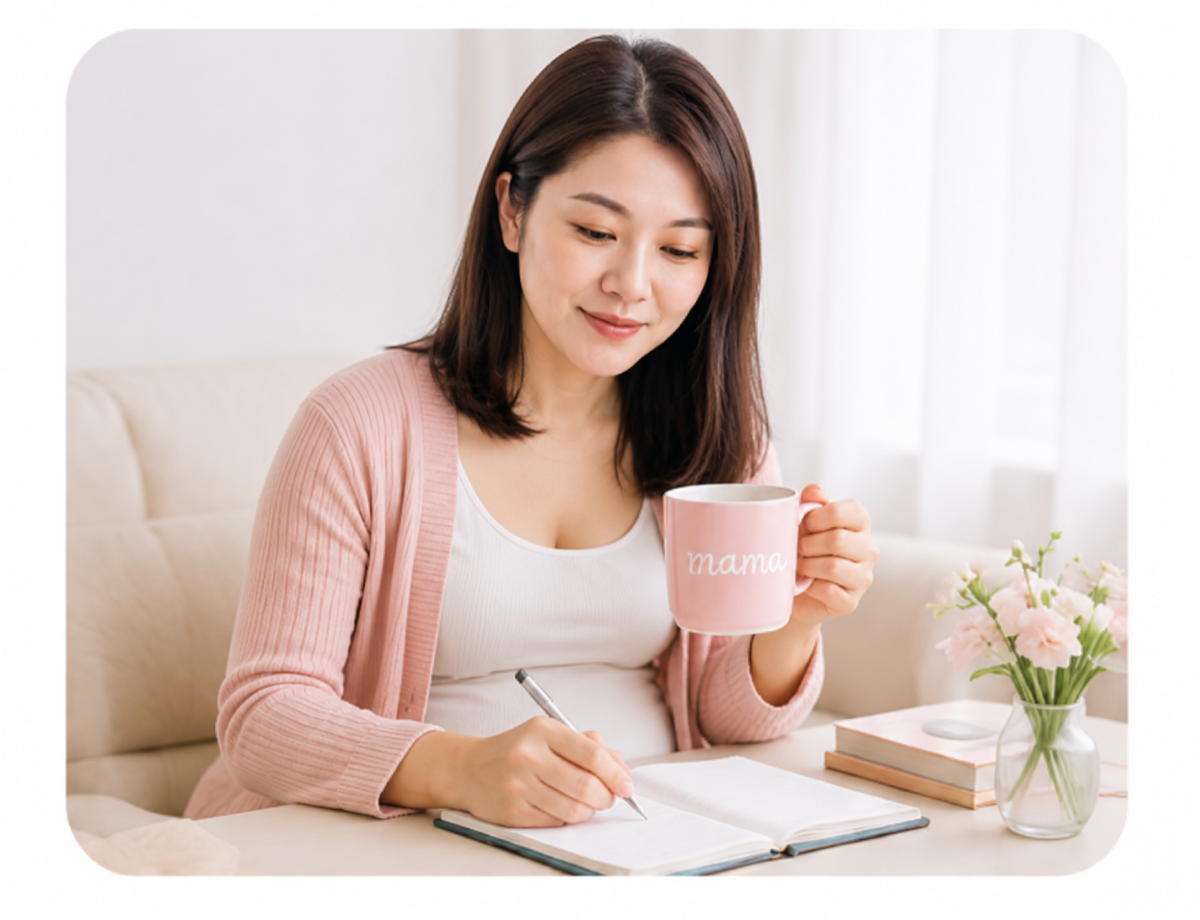 Vega Lin writing in her journal with a mama mug