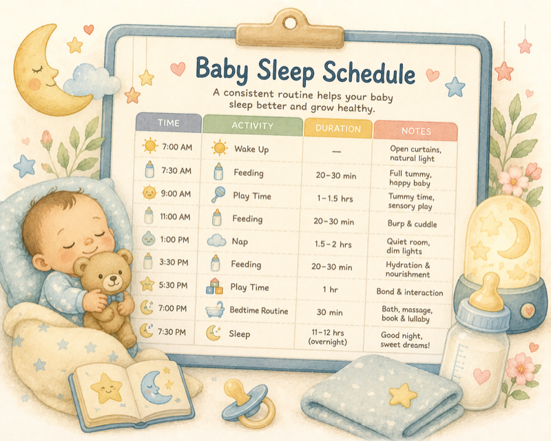 Baby Sleep Schedule: Age-appropriate sleep schedules from newborn to 24 months with tips.
