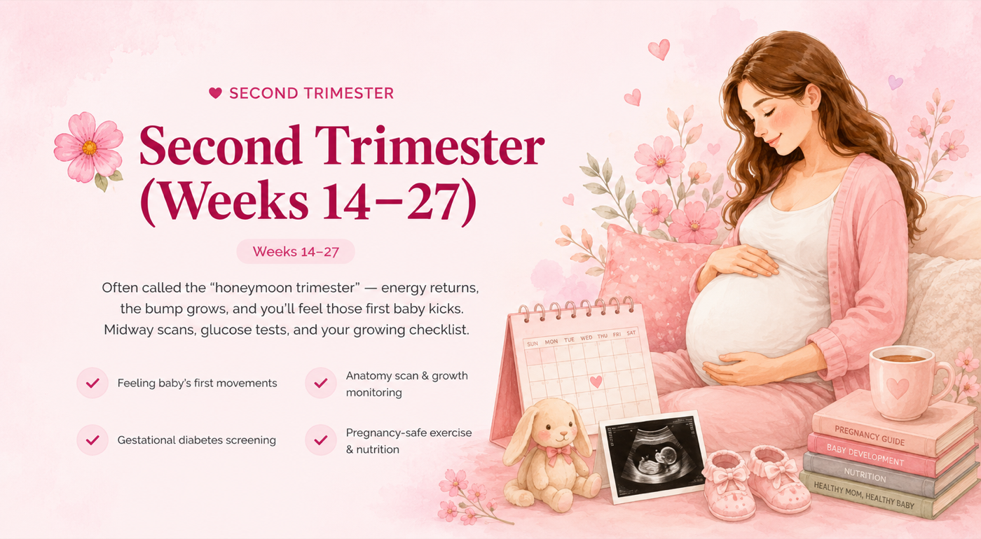 Second Trimester (Weeks 14–27). Often called the honeymoon trimester — energy returns, the bump grows, and you'll feel those first baby kicks. Topics: feeling baby's first movements, anatomy scan & growth monitoring, gestational diabetes screening, pregnancy-safe exercise & nutrition.