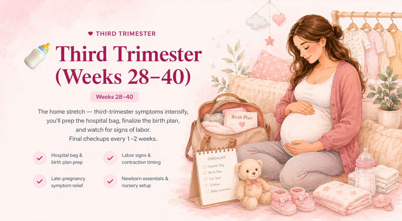 Third Trimester (Weeks 28–40). The home stretch — third-trimester symptoms intensify, hospital bag prep, finalize birth plan, watch for signs of labor. Topics: hospital bag & birth plan prep, labor signs & contraction timing, late-pregnancy symptom relief, newborn essentials & nursery setup.